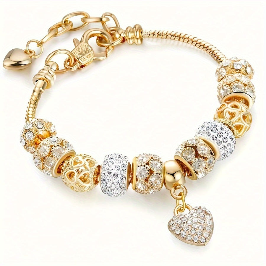 Elegant 14K Golden Plated Copper Bracelet with Glass Beads and Heart Charm for Women - Party and Vacation Accessory